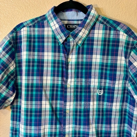 Chaps Button-Down Shirt Large Blue Teal Green White Plaid Easy Care Short Speve - Picture 3 of 9